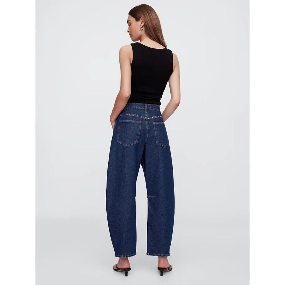 Gap Denim High Rise Studded Barrel Jeans Dark Wash Low Stretch Denim 10 Short - Picture 2 of 11